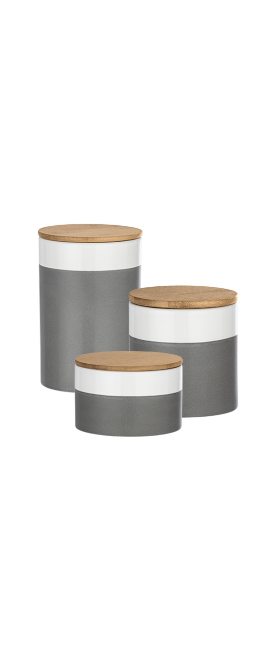 Das Set aus grau-weißen Vorratsdosen bringt Stil und Ordnung in jede Küche.