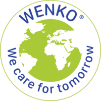 Ein Icon als Zeichen von Umweltbewusstsein von WENKO in grün, blau und weiß mit der Schrift We care for tomorrow