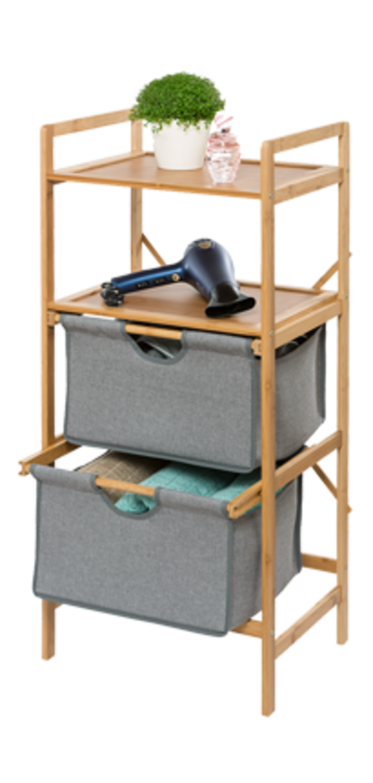 Ein Regal mit Schubladen aus Bambus für das Badezimmer