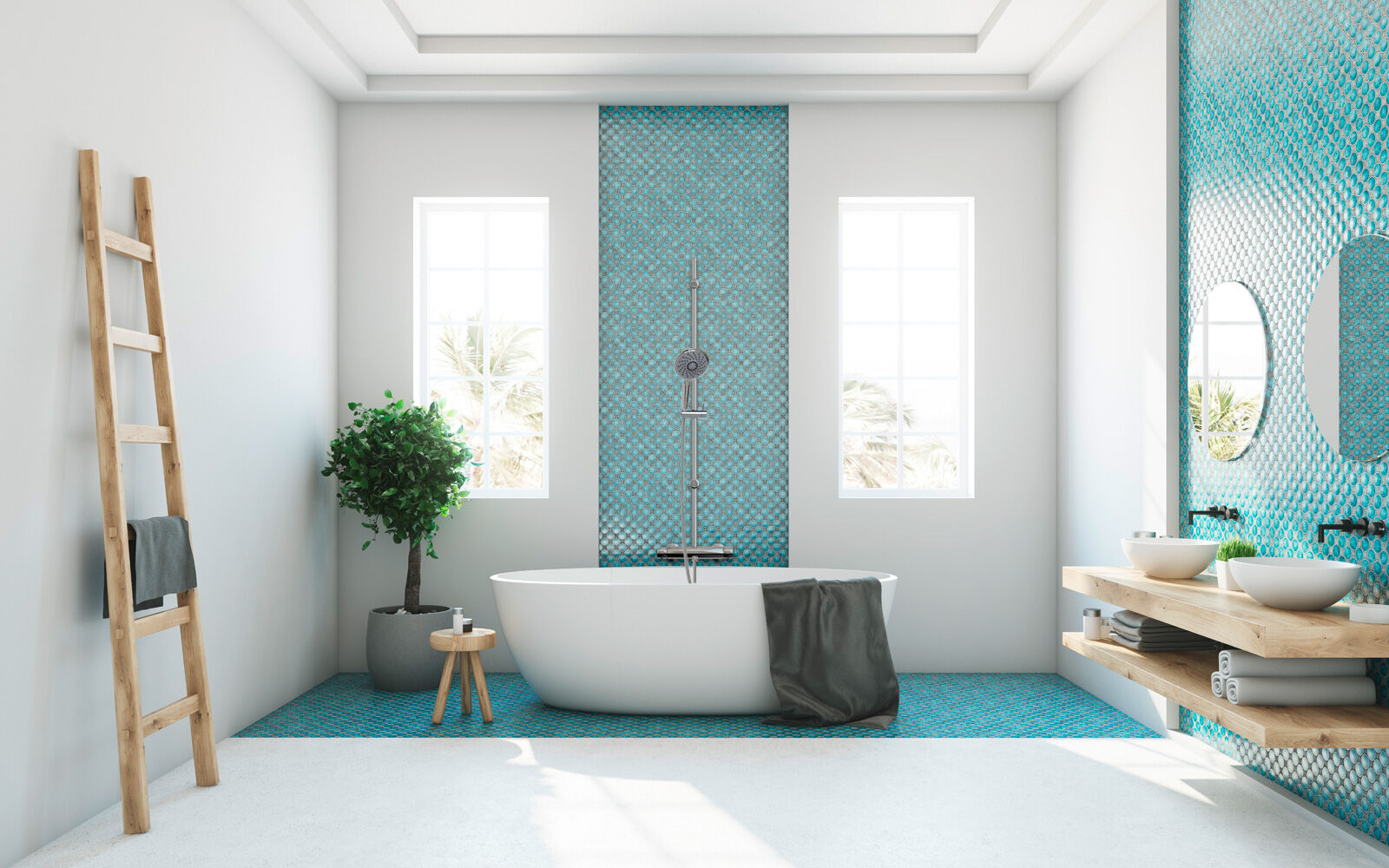 Ein modernes Badezimmer in frischen Blautönen und Holzakzenten Ein modernes Badezimmer in frischen Blautönen und Holzakzenten