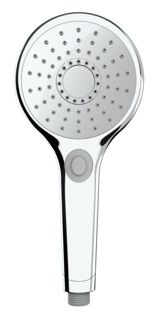 Ein Duschkopf in Chrom mit Druckknopf zum Verstellen