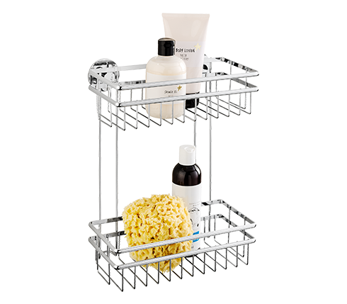 Badezimmerregal aus Metall mit zwei Etagen auf denen ein Schwamm und Duschgelflaschen stehen.
