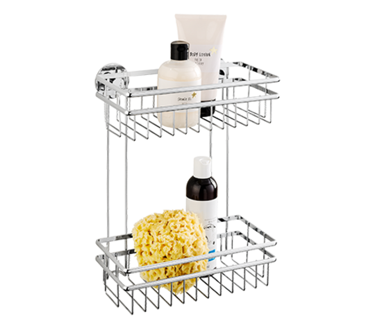 Hochwertiges Metallregal mit zwei Etagen zur Ablage von Duschutensilien.