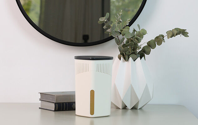 Ein Raumentfeuchter auf einem Sideboard in einem Wohnzimmer