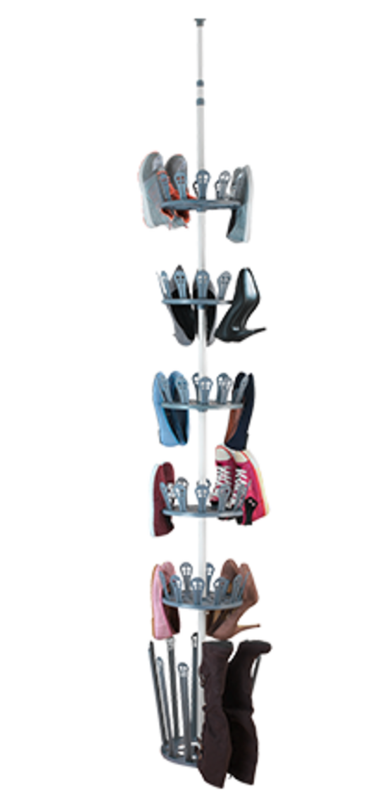 Ein Schuhregal aus Metall und Kunststoff in Grau